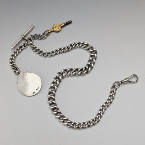 1895 British Antique Sterling Silver Albert Chain, 64g, Sterling Silver Soccer Medal Fob